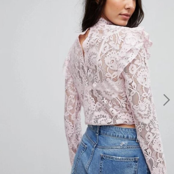 Asos Lace Mock Neck Long Sleeves Cotagecore Lace & Ruffle Crop Top Pink SZ 12 - Picture 3 of 12